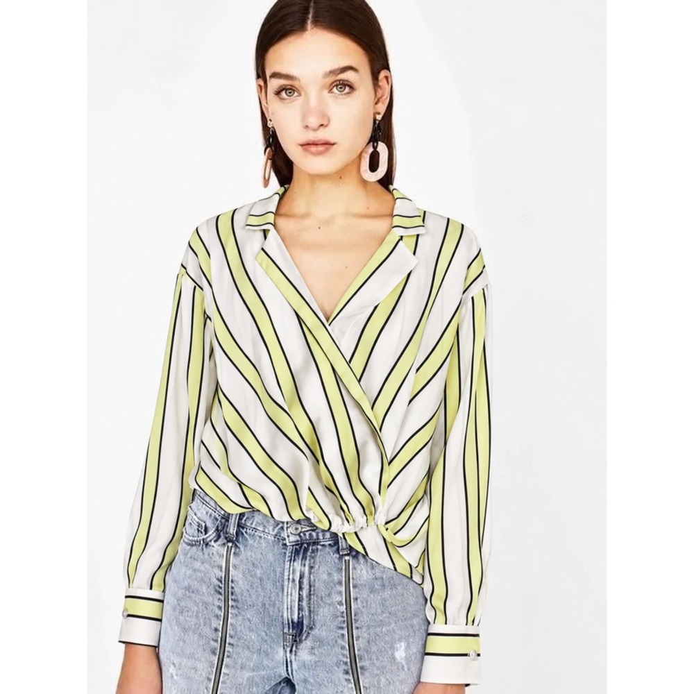 Bershka Striped Wrap Front Blouse Yellow Navy White Long Sleeve Top XS